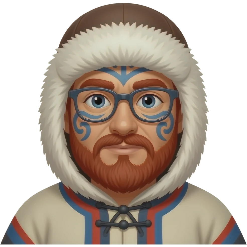 eskimo man with face tattooes, red beard, glassess and classic eskimo outfit with hat, just face emoji