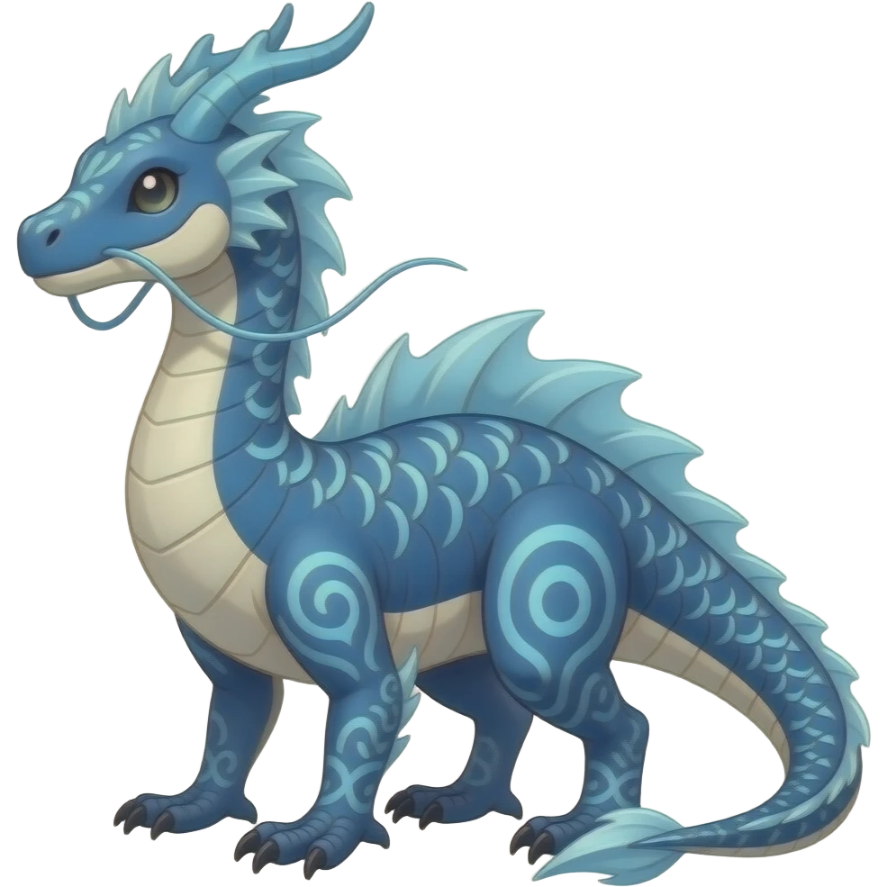 scaly shiny frilled raptorik finned patterned blue tribal-patterned digitigrade quadrupedal Vaporeon-Salandit-Glaceon-hybrid with long thin dragon whiskers emoji