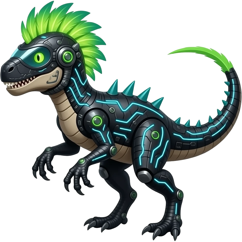 Cool edgy fiery cybernetic electrical visor-helmeted, Circuitry-patterned black-scaled digitigrade futuristic raptorik fantasy-Cyberpunk-Steampunk-Solarpunk-Genesect-Salamence-Cyclizar-Salazzle-Feraligatr-Fakémon-animal-hybrid, with neon feather-mane, and a tail blade, back spikes emoji