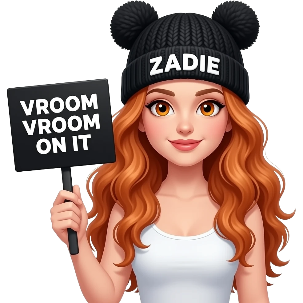 sexy girl with overlong wavy ginger hair and ginger eyes wearing a white tanktop and a black pom hat with ears with ZADIE written on it is holding a black sign with VROOM VROOM o 🏍️ n it emoji