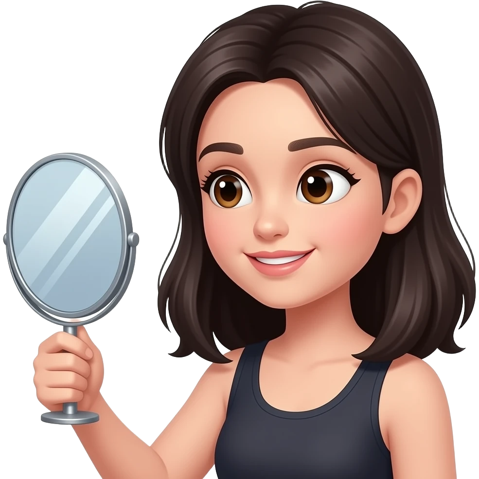 White girl wit dark hair looking in handhel mirror emoji