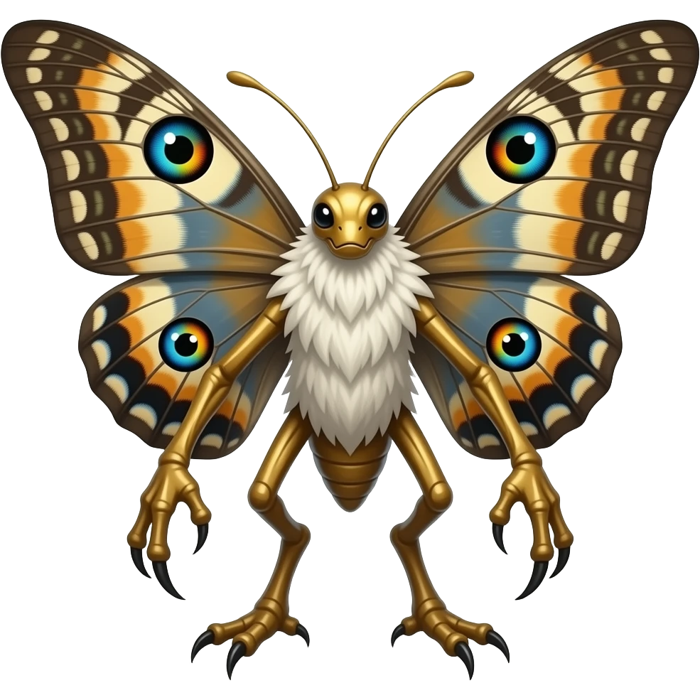 a colossal divine moth-like creature, claw-like legs, Massive moth wings with colorful eye patterns, Fuzzy white or golden body, Long antennae, glowing bioluminescence, emoji