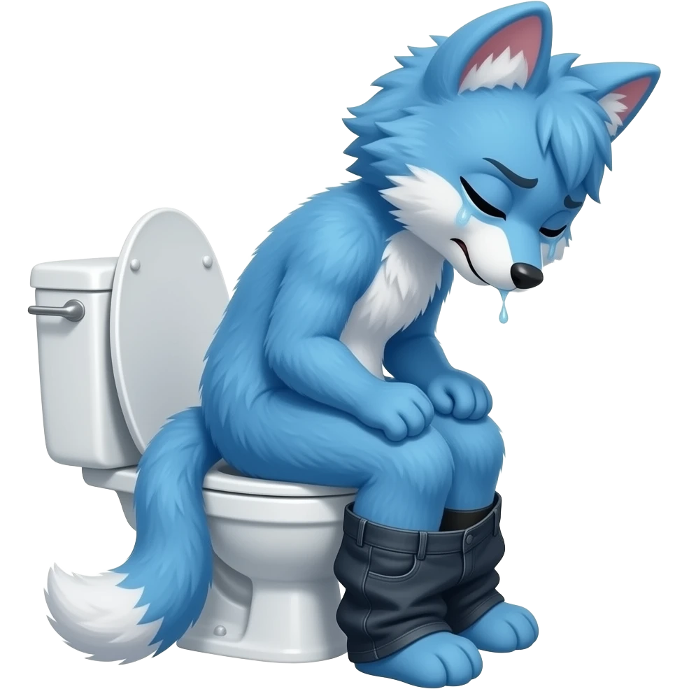 blue female fursuit sitting on toilet, side view, pants down, straining,  eyes closed, pushing, squeezing, sick emoji