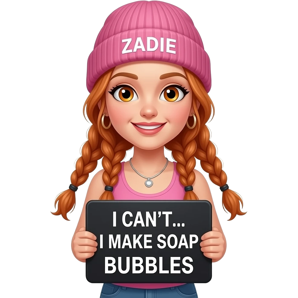 sexy girl with overlong ginger braids and ginger eyes wearing a pink tanktop and a pink beanie with ZADIE written on it, is holding a black sign with ICH KANN NICHT... ich mache SEIFENBLASEN written on it emoji