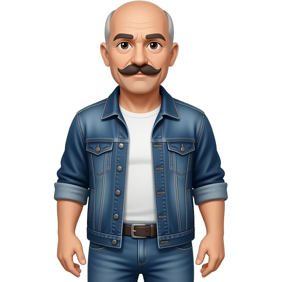 Hombre de 78 con bigote más grande grande y mas oscuro, calvo y poco pelo en los lados y sin barbamoreno con algo de abdomen pantalón vaquero largo cazadora emoji