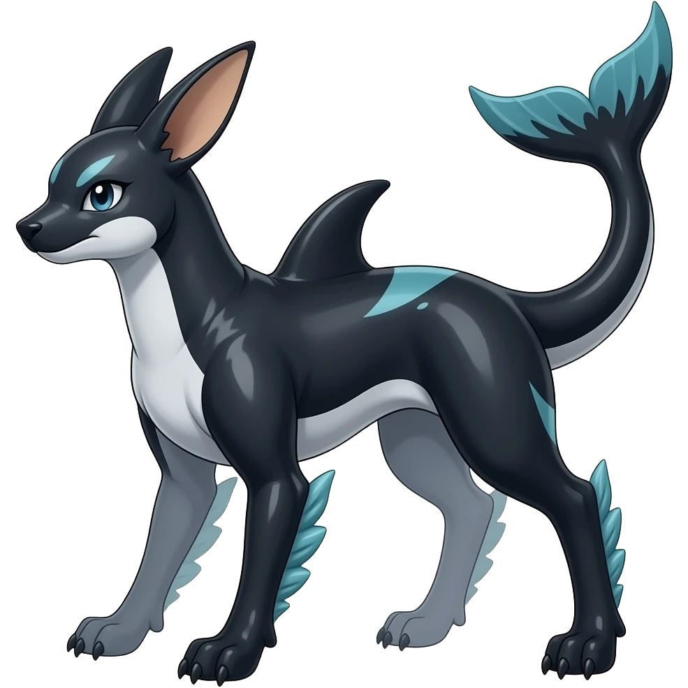 Quadrupedal digitigrade shiny glossy smooth finned frilled gothic tall slim unique epic legendary shiny edgy cool cyberpunk-solarpunk-fantasy-Absol-Sprigatito-Vaporeon-Furret-Manectric-Mudkip-Fakémon-hybrid with an orca tail emoji