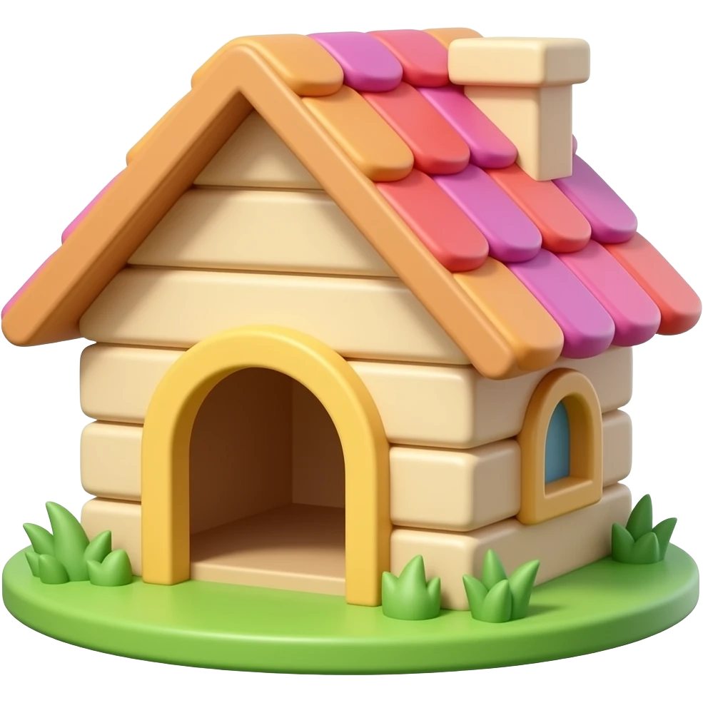 Create a cute 3D emoji icon of a small colorful pet house toy, made of light wood with a round entrance and tiny roof. Empty object only. No animal, no creature, no character, no face, no eyes. Soft shadows, rounded shape, transparent background, no text. emoji