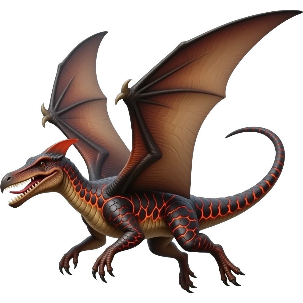a colossal prehistoric pterosaur-like creature, Massive wingspan, Beaked mouth filled with sharp teeth, Dark reddish-brown or volcanic-colored scales, Long tail, Powerful talons, rough volcanic skin, giving the impression it emerged from magma or deep underground. emoji