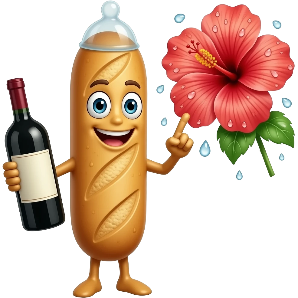 Longue Baguette avec une bouche, des yeux et des bras. Elle a un preservatif sur le haut de la tete et une bouteille de vin dans la main. L'autre main a l'index et le majeur tendus et collés touchant le centre d'un hibiscus qui a beaucoup de gouttes d'eau autour emoji