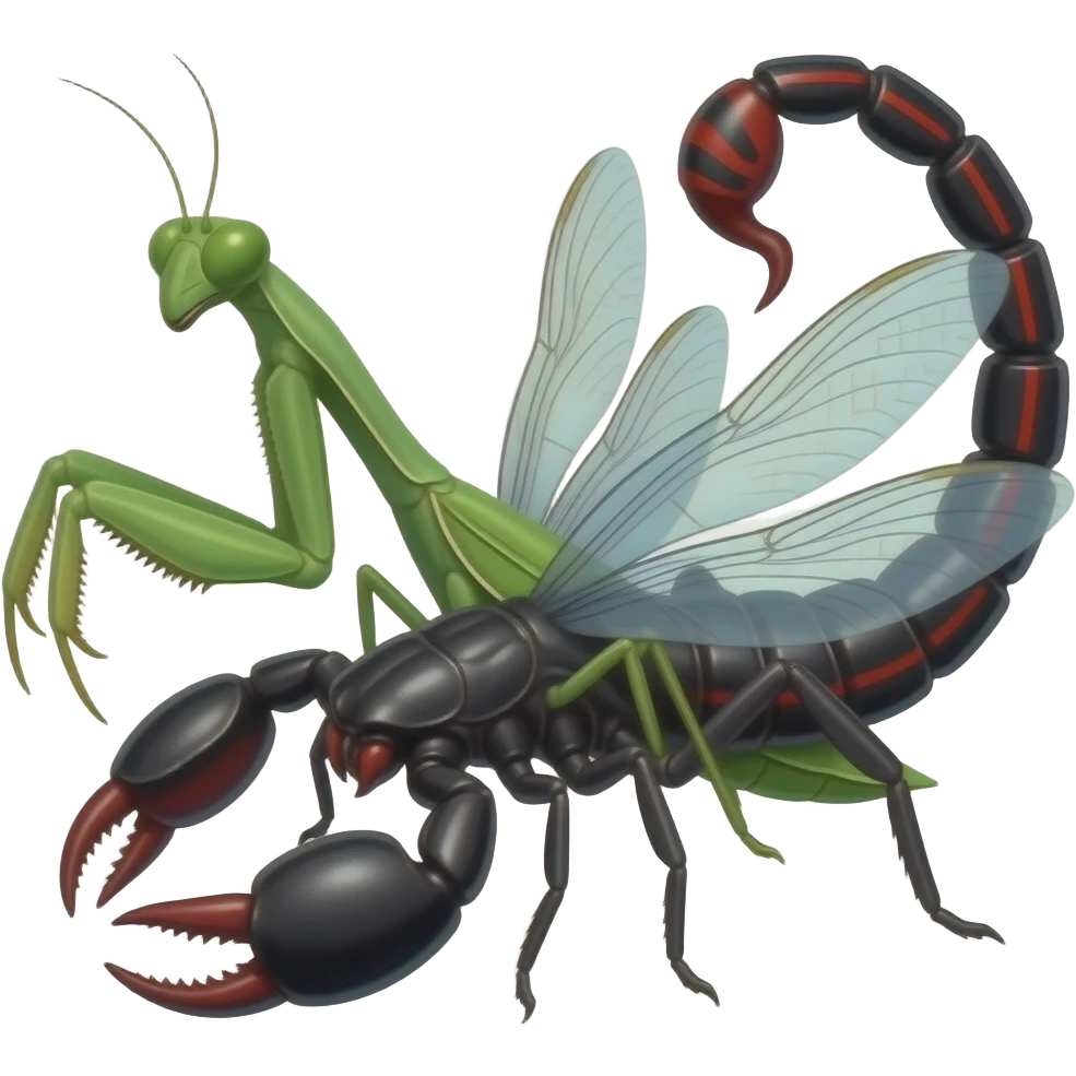 A praying mantis torso on a black widow body with dragonfly wings, a scorpion tail and pinchers. emoji
