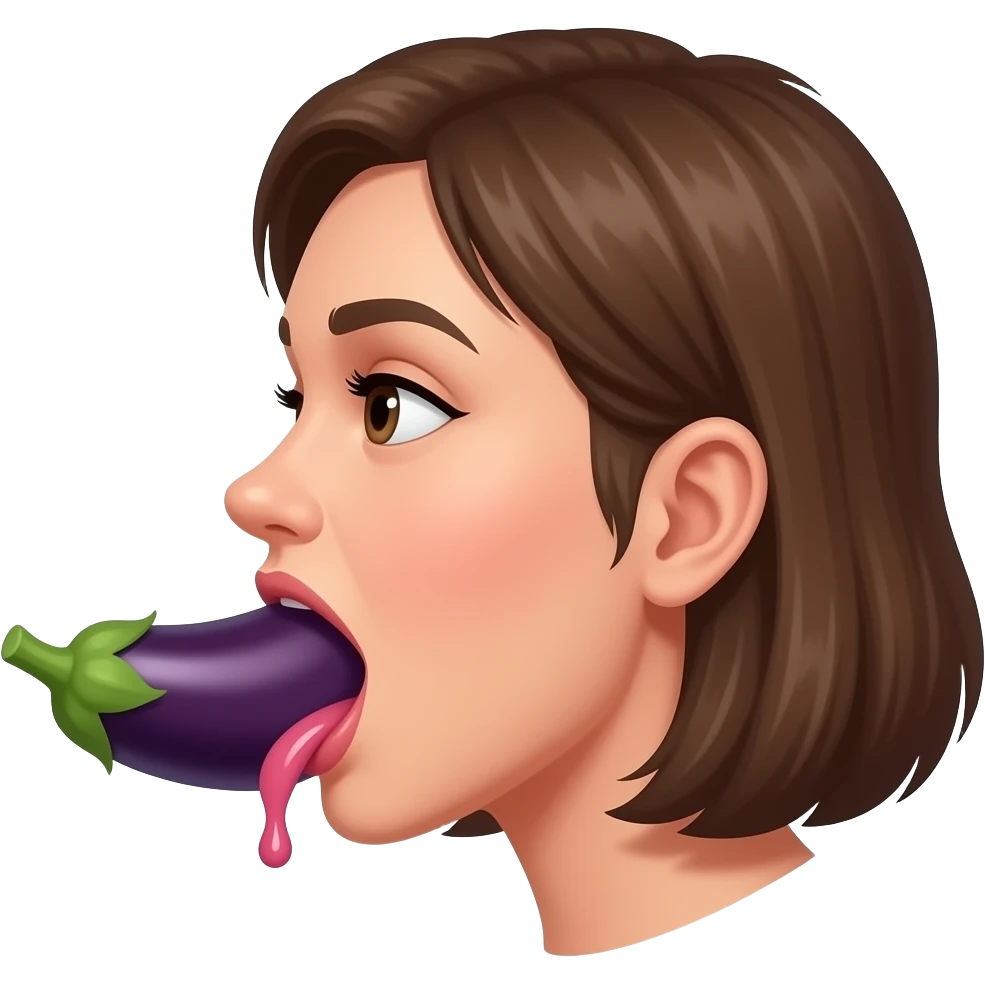Side view of an eggplant entirely inside a woman’s mouth slobbering emoji
