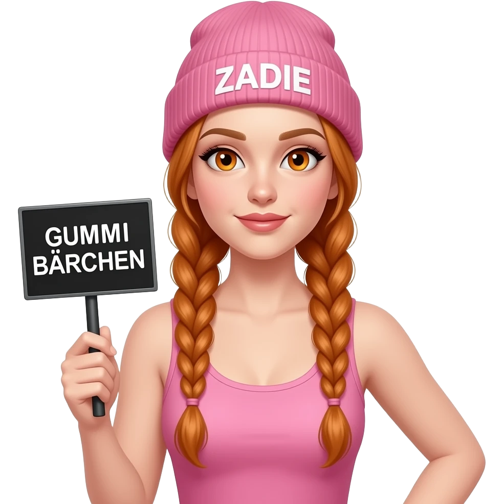 sexy girl with overlong ginger braids and ginger eyes wearing a pink tanktop and a pink beanie with ZADIE written on it, is holding a black sign with GUMMI BÄRCHEN written on it emoji