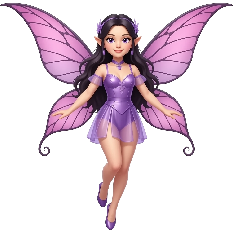 A beautiful faerie with pink wings, long dark hair, purple eyes, in a short sheer see-through purple outfit. Highly detailed, realistic, (full body) hovering in the air emoji