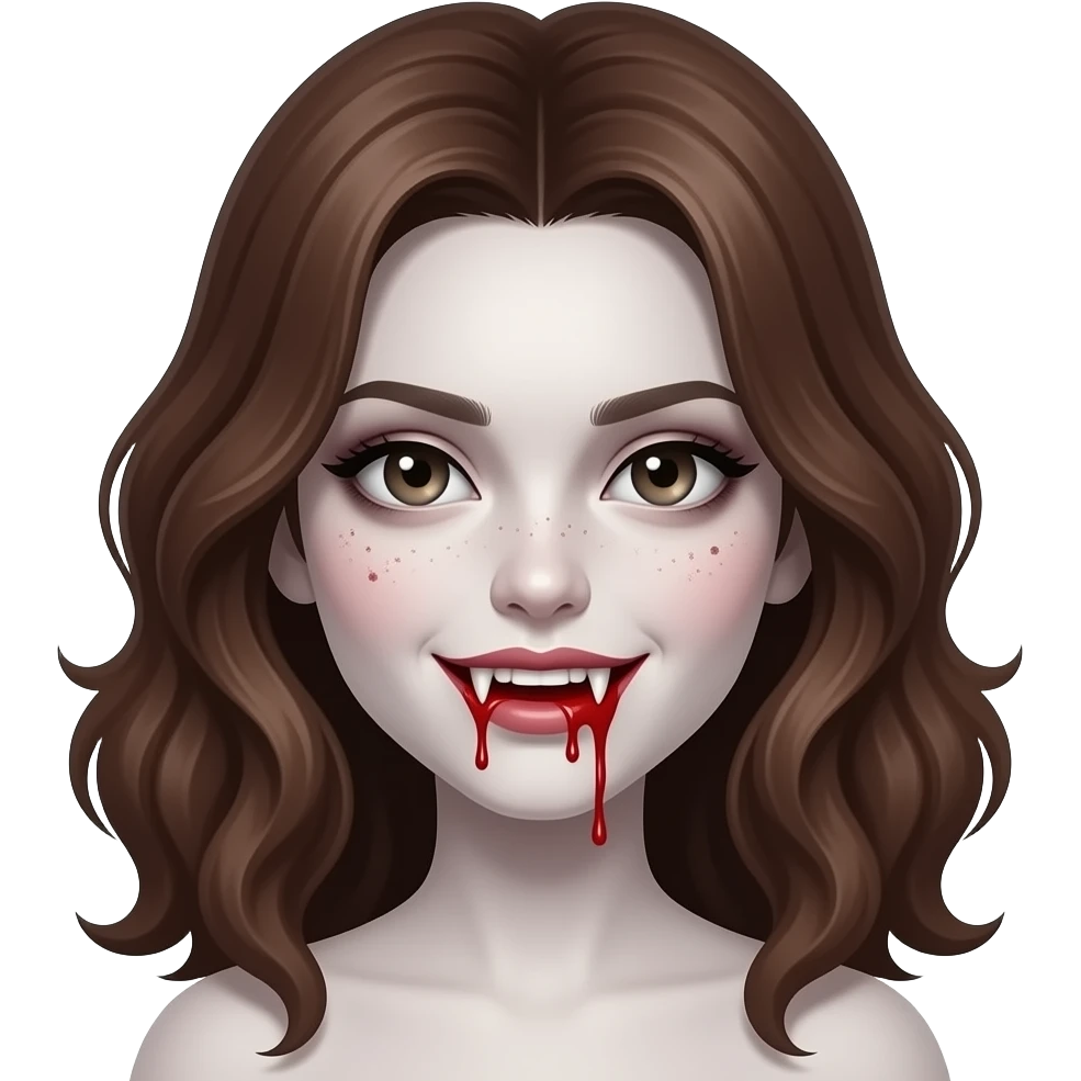 A vampire girl with wavy brown hair, fangs, and blood dripping from her mouth and with a little blood on her face, a somewhat dark appearance with pale skin and not very pronounced dark circles under her eyes, in the style of iOS 16. emoji
