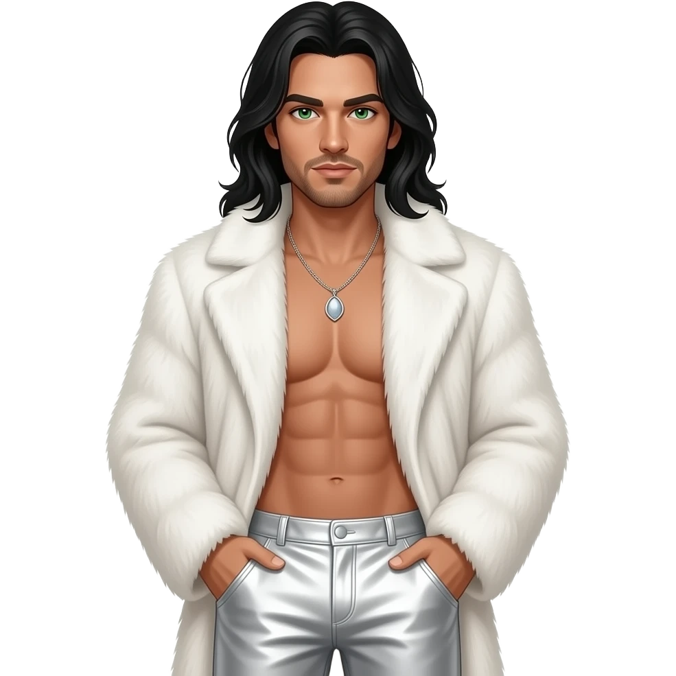 Kevin Richardson with green eyes, long black hair, white fur coat, white metallic baggy pants, shirtless with necklace emoji