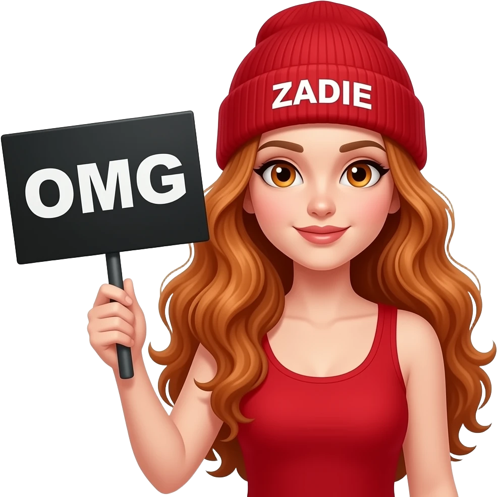 sexy girl with overlong wavy ginger hair and ginger eyes wearing a red tanktop and a red beanie with ZADIE written on it, is holding a black sign with OMG written on it emoji