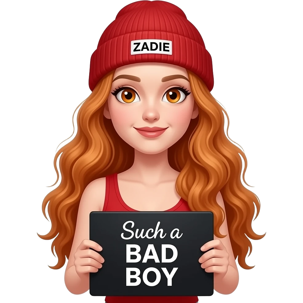 sexy girl with overlong wavy ginger hair and ginger eyes wearing a red tanktop and a red beanie with ZADIE written on it, is holding a black sign with Such a BAD BOY written on it emoji