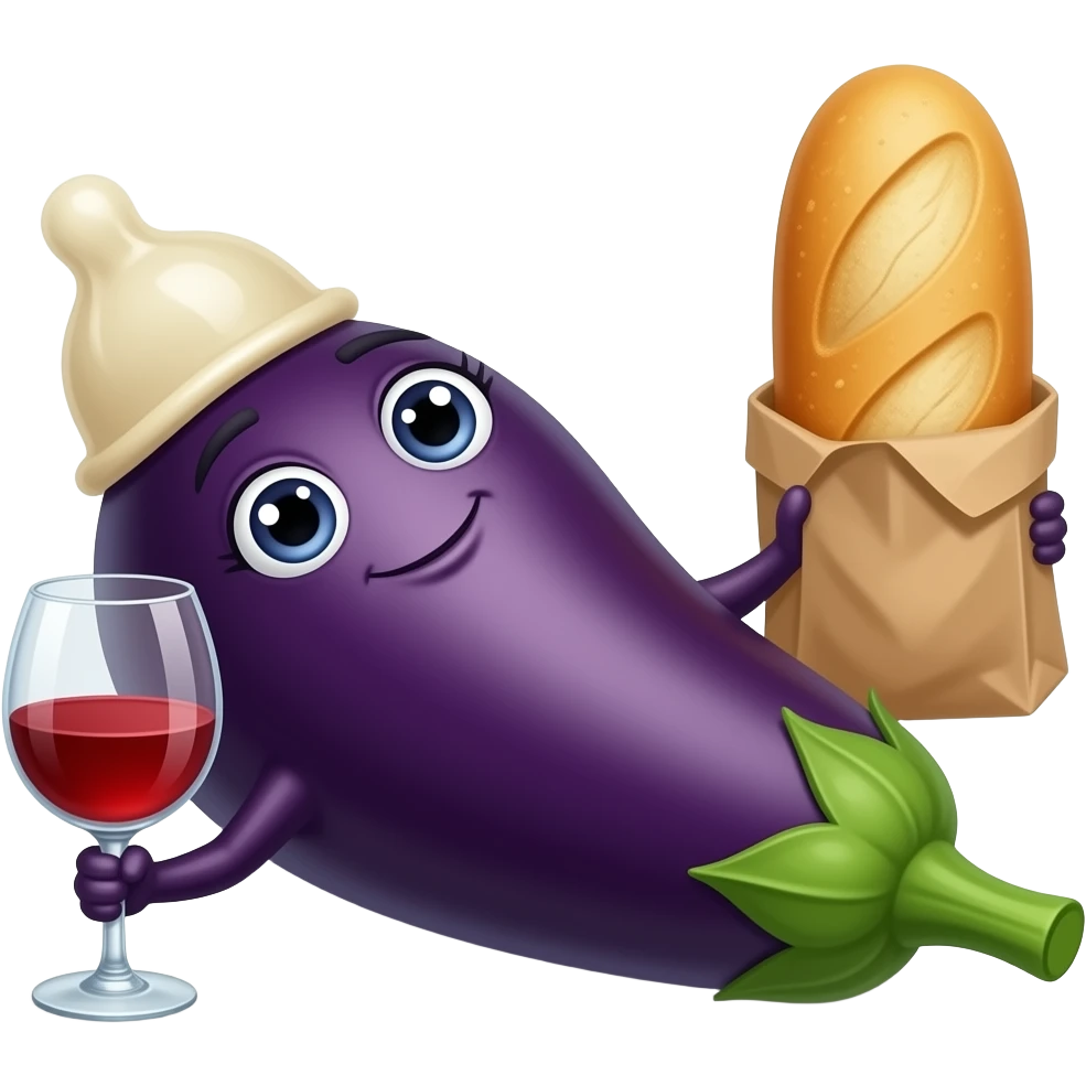 Aubergine couchée sur le coté ave un preservatif sur la tete et tenant un verre de vin dans une main et une baguette dans l'autre main emoji