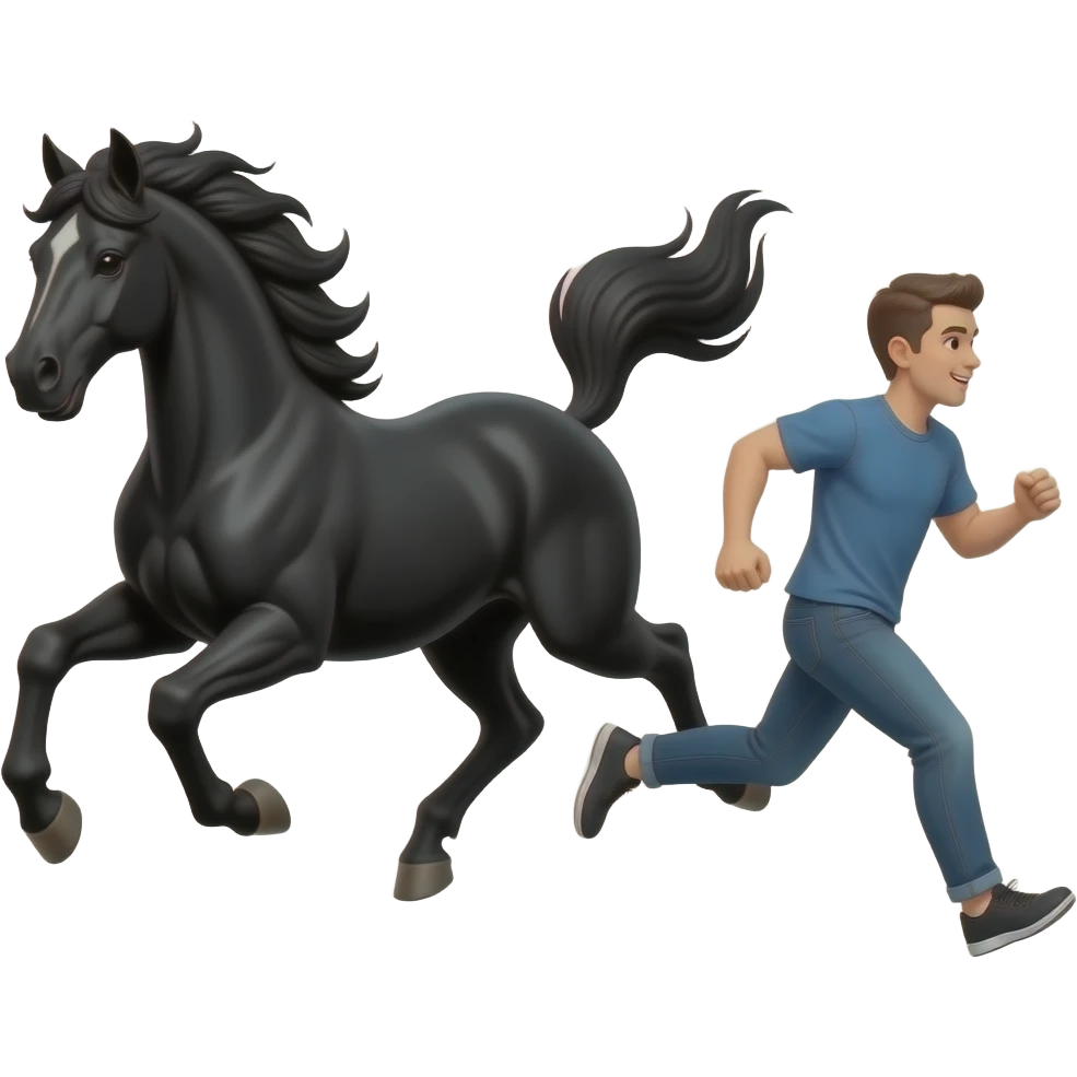 black horse chasing a running man, in realistic simple image style emoji