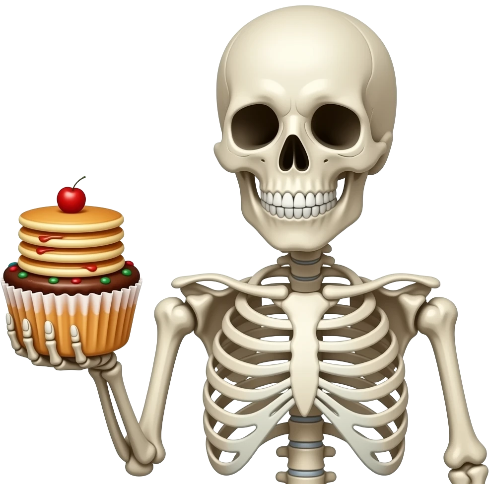 Skeleton holding cupcake with a stacks of pancakes on top emoji