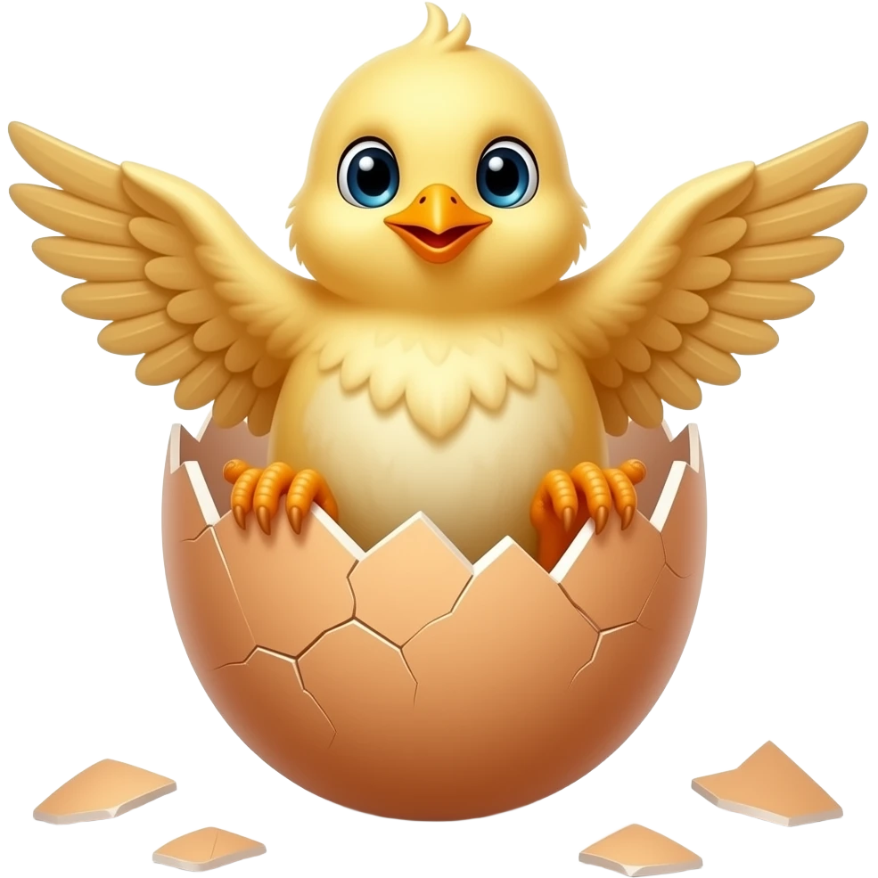The chick sits in the shell of a broken egg, holding on with its wings, with its legs emoji