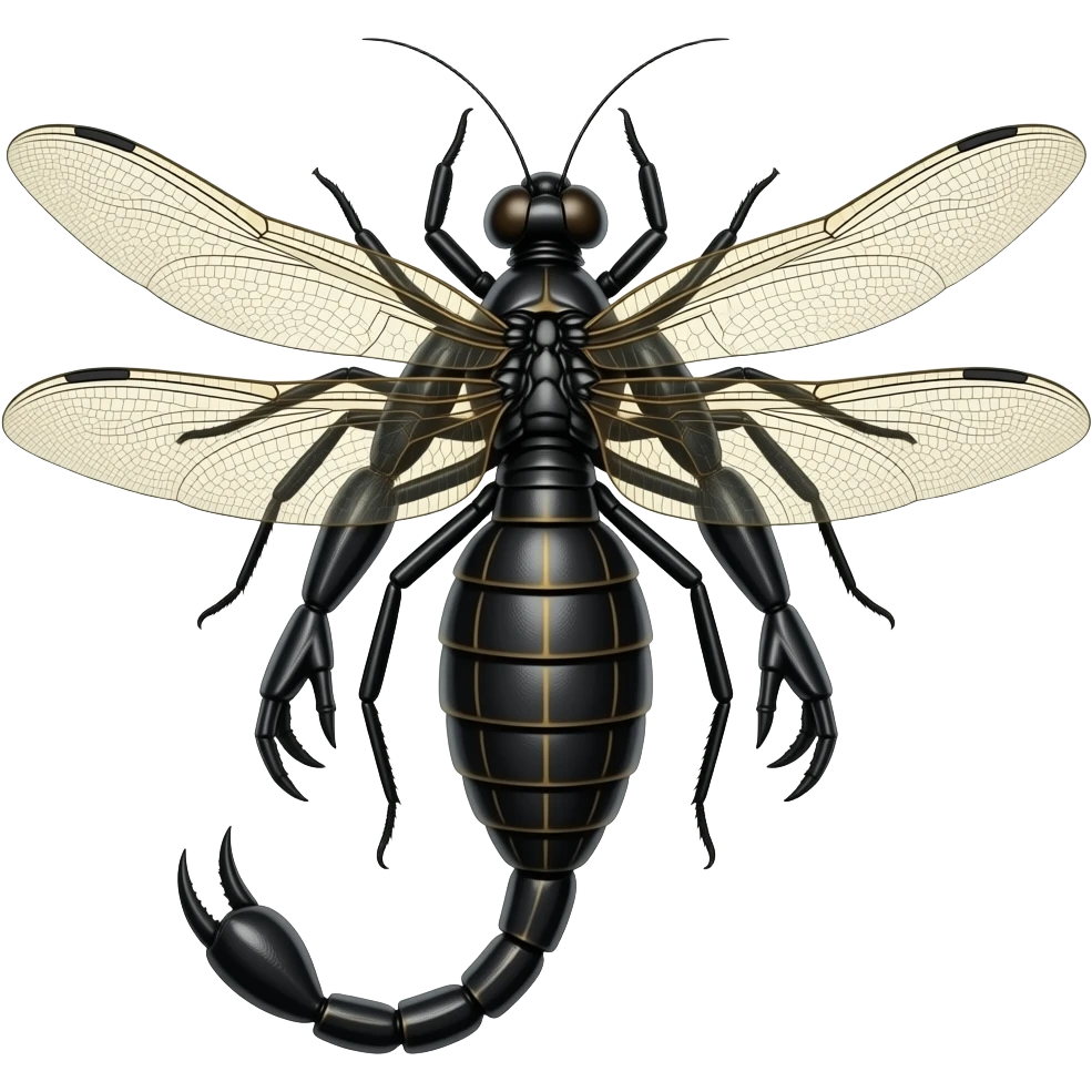a black widow spider body with dragonfly wings, a scorpion tail and pinchers, and a praying mantis head, insectoid fusion, realistic, emoji