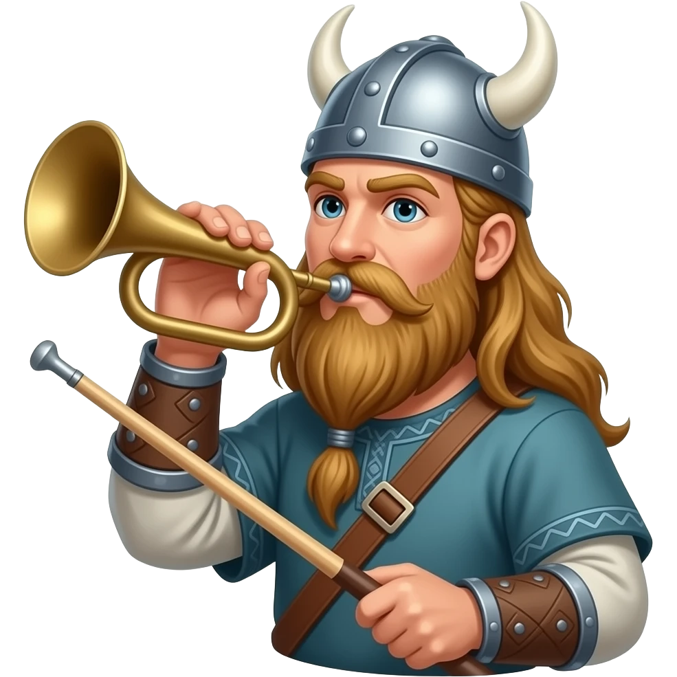 Illustrated  Viking blowing a large horn holding a biiard cue emoji