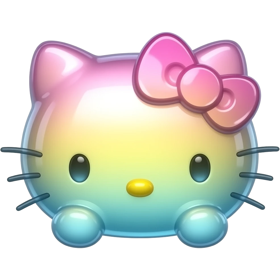 Shiny gradient pink yellow and blue colored glass hello Kitty head with front paws emoji