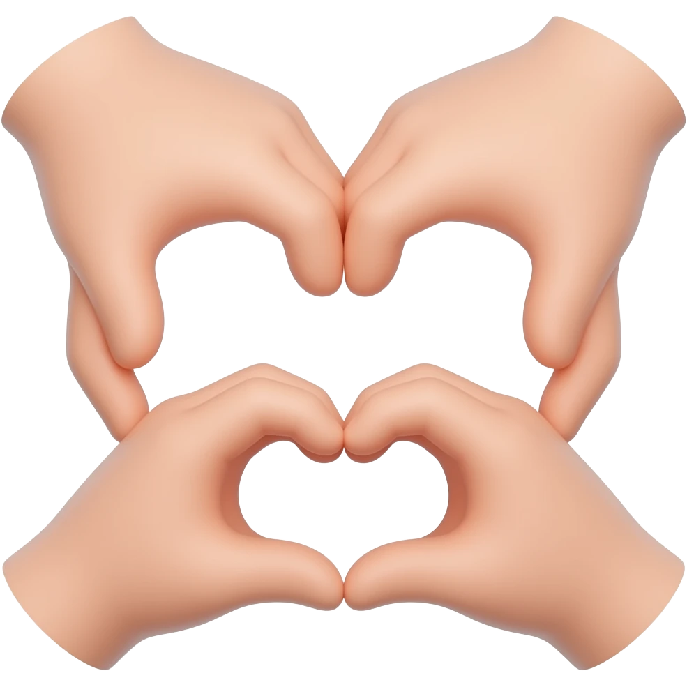 Cute 3D hand-heart emoji, two hands forming a heart, rounded glossy texture, white background, centered, minimal icon style. emoji