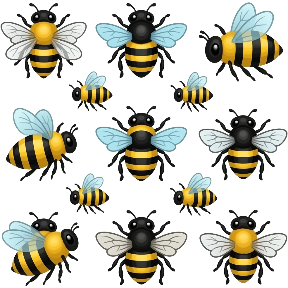 Lots of little bees. Hand drawn patterns. emoji