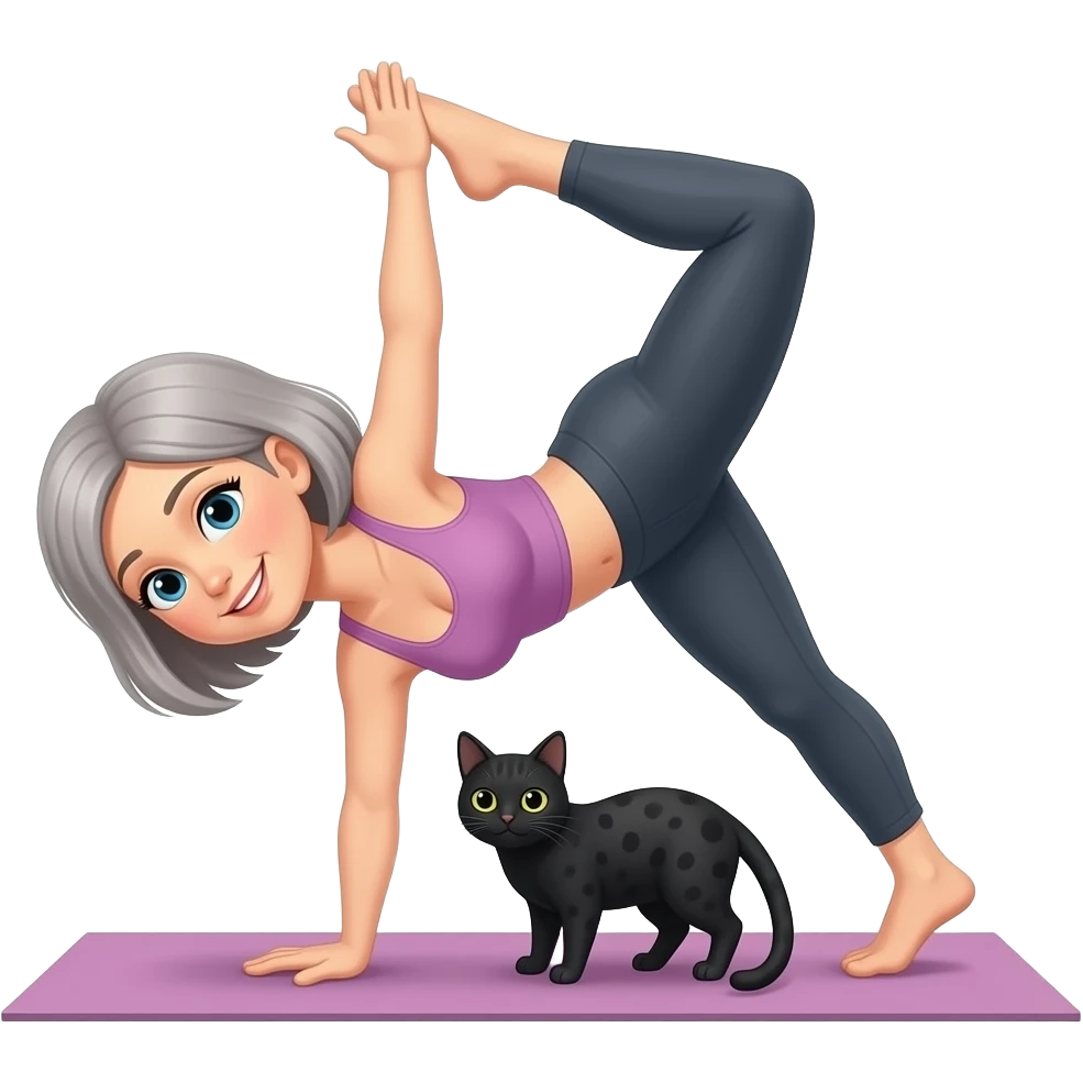 a female short gray hair yoga teacher doing yoga pincha mayurasana pose with her balck spots cat emoji