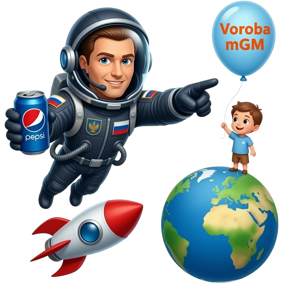 Космонавт в темном зеркальном скафандре летит на ракете на землю из космоса на ракете надпись Voroba мГм вокруг заезды в руке банка pepsi другой рукой показывает пальцем вперед намкостюме флаг России в скофандре видна земля рядом воздушный детский надувной шар с надписью Voroba mGm emoji
