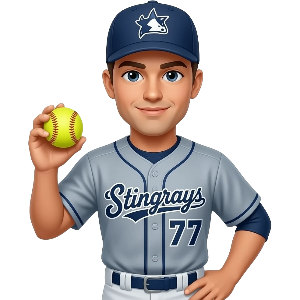 Stingray softball wearing #77. Ohio stingrays on hat and holding a softball emoji