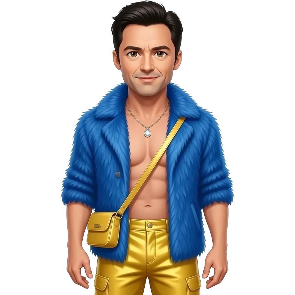 Hugh Jackman with hazel eyes, black hair, blue fur shawl, yellow metallic baggy pants, shirtless with necklace emoji