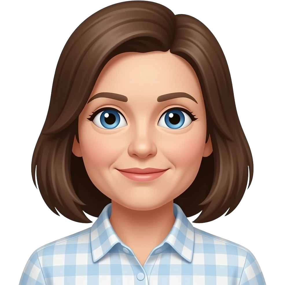 Round face and older ward manager, blue eyes, round face, shoulder length brown hair emoji