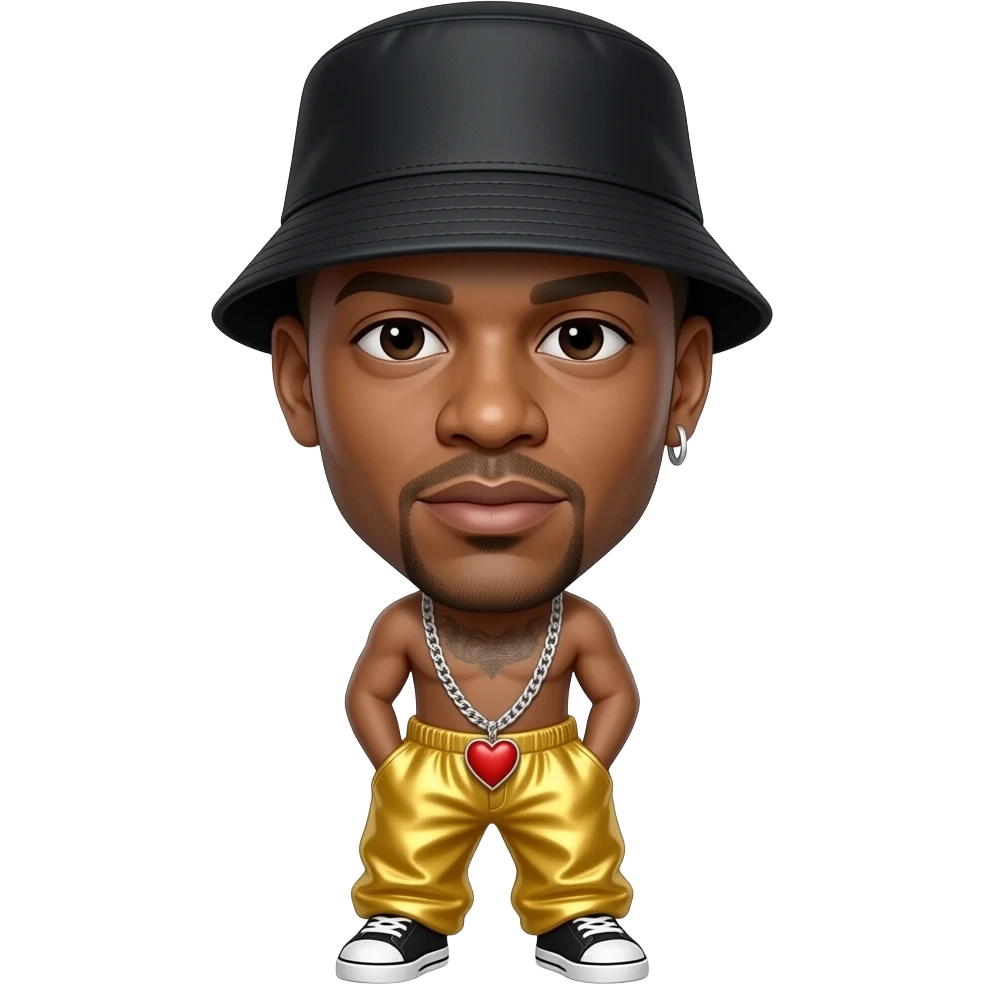 LL Cool J with bald, black bucket hat, butter yellow metallic baggy pants, necklace with red heart, earrings emoji