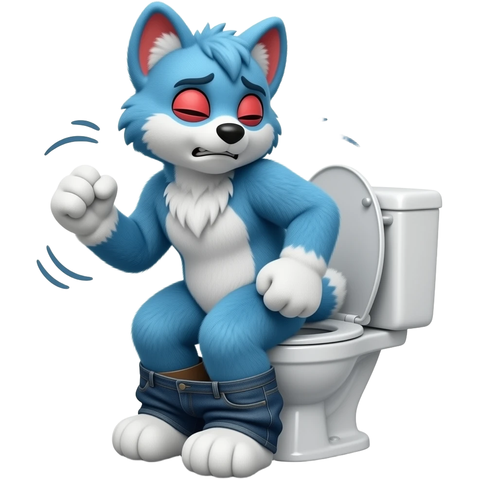 blue fursuit sitting on toilet, side view , pants down, pushing, eyes closed, straining face, fists, uncomfortable, red face emoji