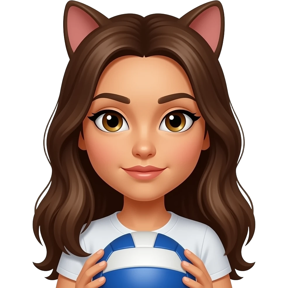 Long brown hair girl with light brown eyes and little bit tanned skin she has makeup with black eyeliner and her stare is magnethic like cat eyes. She handle voleyball ball emoji