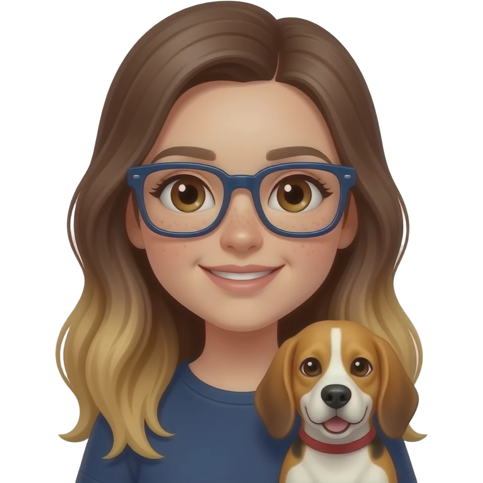 Girl with long brown balayage hair, parted on the left side with dark brown eyes and pale skin and freckles holding an old beagle. The girl has rectangle navy glasses on. The beagle looks happy emoji