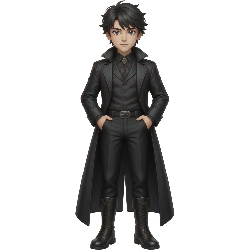 young male with messy black hair with pale white skin, a confident facial expression and white empty eyes, in a gothic-style black outfit full body emoji emoji