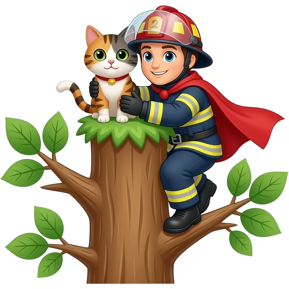 fire fighter hero saving cat from treecrown emoji