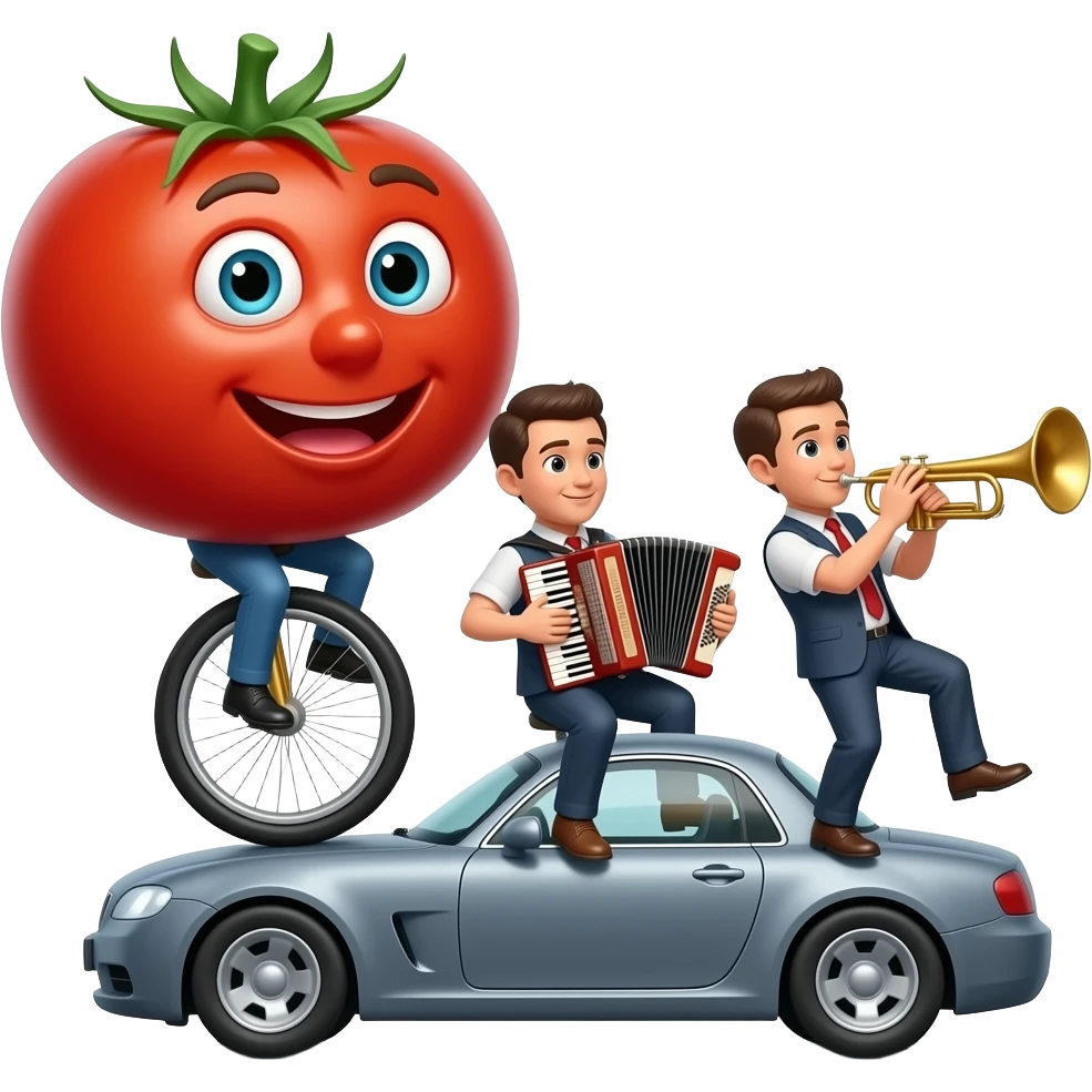 Canned tomato on a unicycle on s car on a train and the canned tomato plays a accordion and a trombone at the same time emoji