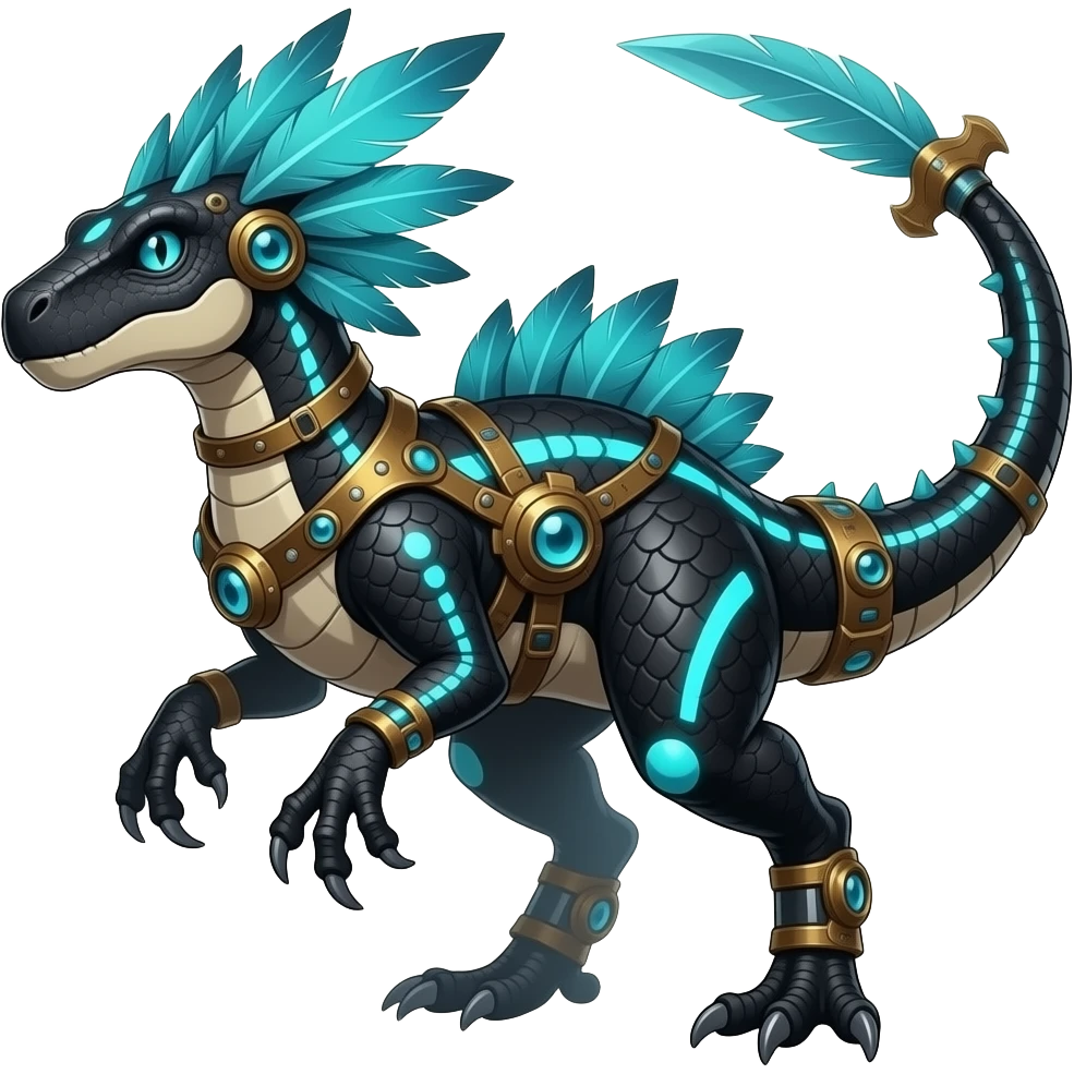 Cool edgy ancient black-scaled with neon-blue stripe markings digitigrade bipedal vintage futuristic raptorik fantasy-Cyberpunk-Steampunk-Solarpunk-Genesect-Salamence-Cyclizar-Salazzle-Feraligatr-Fakémon-animal-hybrid, with neon feather-mane, and a tail blade, back spikes, full body emoji