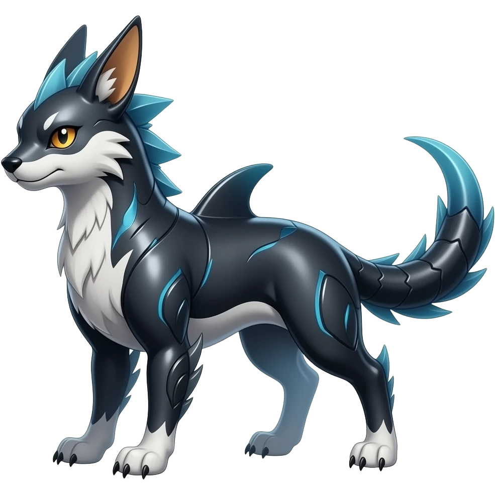 Tough realistic Quadrupedal digitigrade shiny glossy smooth finned frilled gothic tall slim unique epic legendary shiny edgy cool cyberpunk-solarpunk-fantasy-Absol-Sprigatito-Vaporeon-Furret-Manectric-Mudkip-Fakémon-hybrid with an orca tail emoji