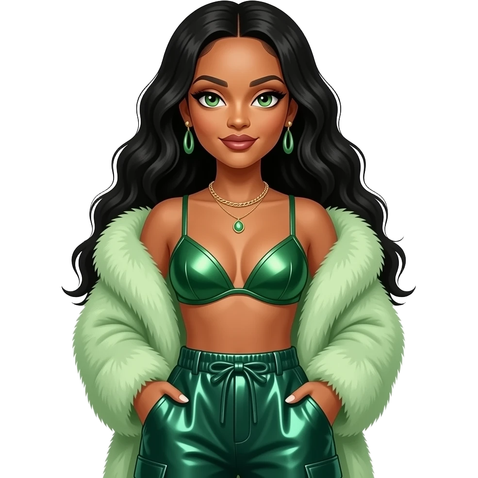 Rihanna with hazel-green eyes, long black hair, light green fur shawl, dark green metallic bra, dark green metallic baggy pants, necklace and earrings emoji