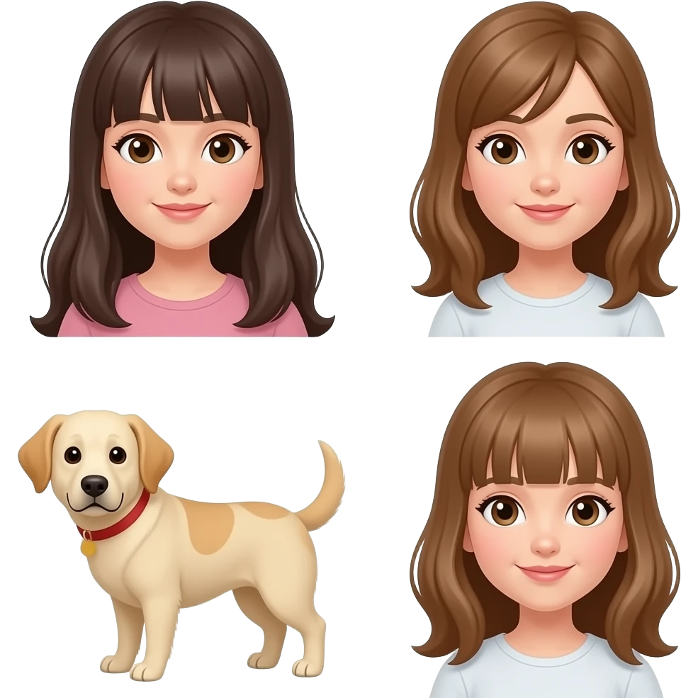mamma con frangetta, capelli lunghi e una figlia adulta ciuffo al lato capelli marrone chiaro e occhi marrone con una cagnolina beige emoji