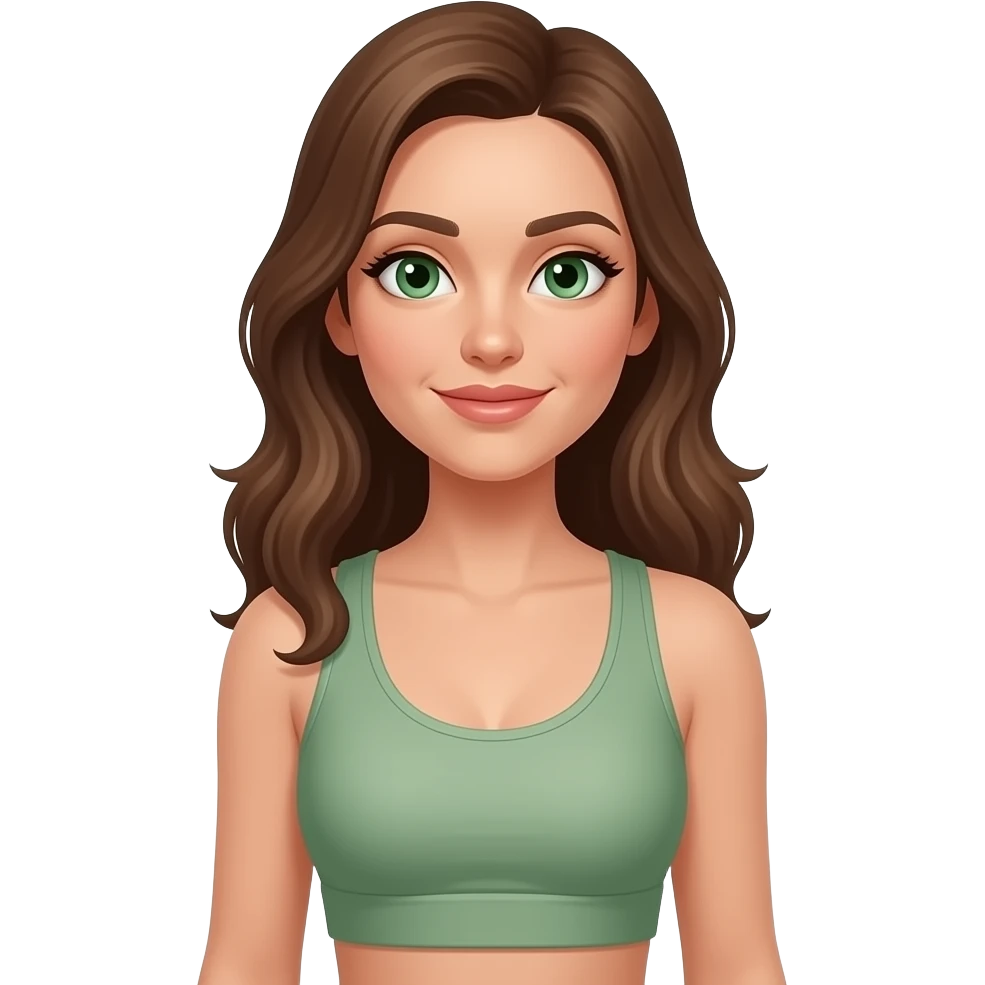 woman in a sage green workout set with brown hair and green eyes emoji