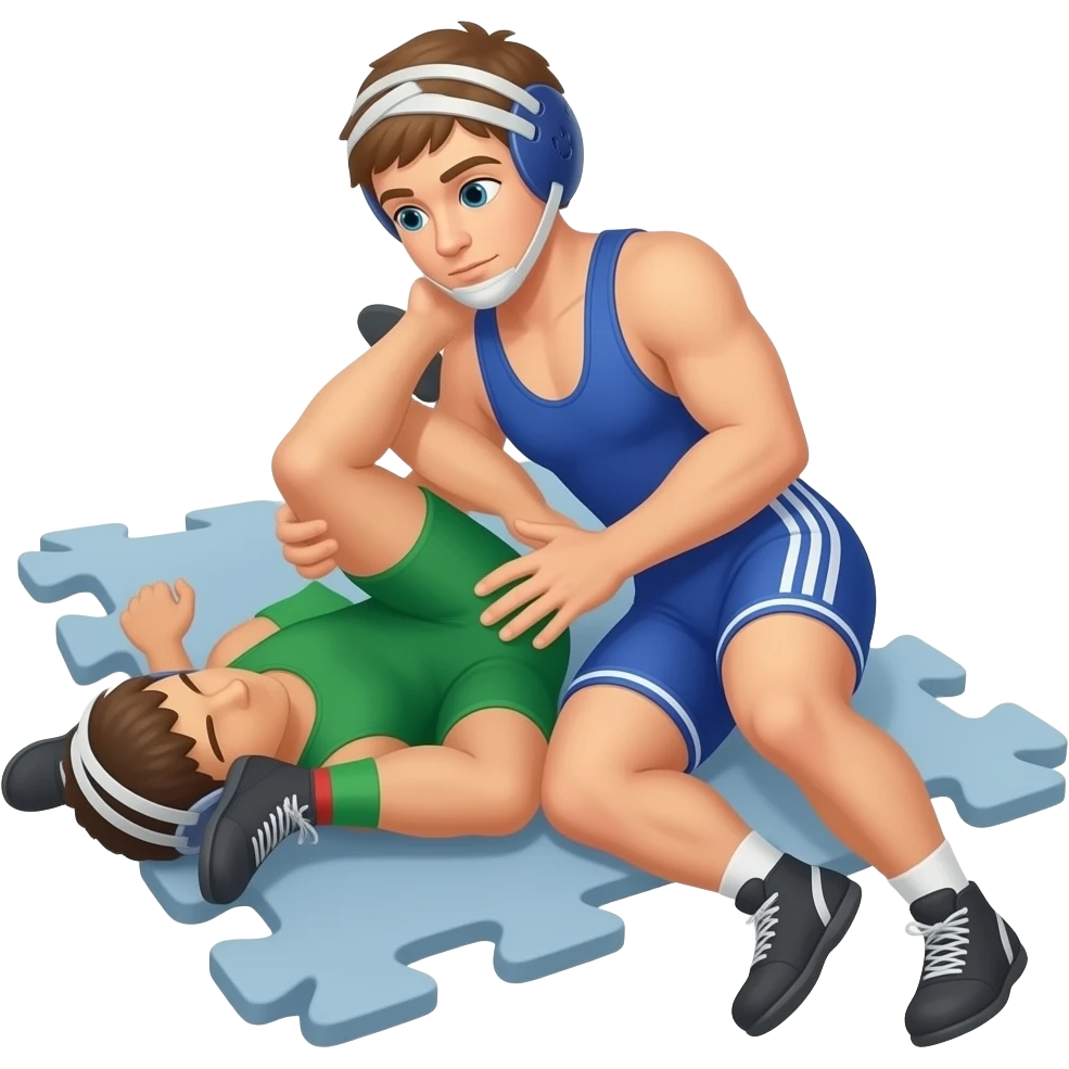 Erstelle ein Bild von zwei Uni-Wrestler in kurzen, knappen und engen Wrestler-suits, die beiden haben unterschiedlich Farben an (Grün und blau) und sie ringen liegend miteinander auf dem Boden emoji