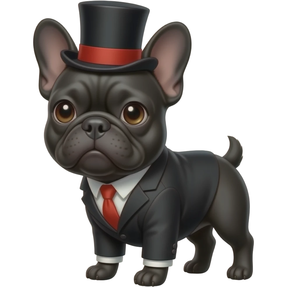 a black Frenchie wearing a black tuxedo with red tie and red and black top hat emoji
