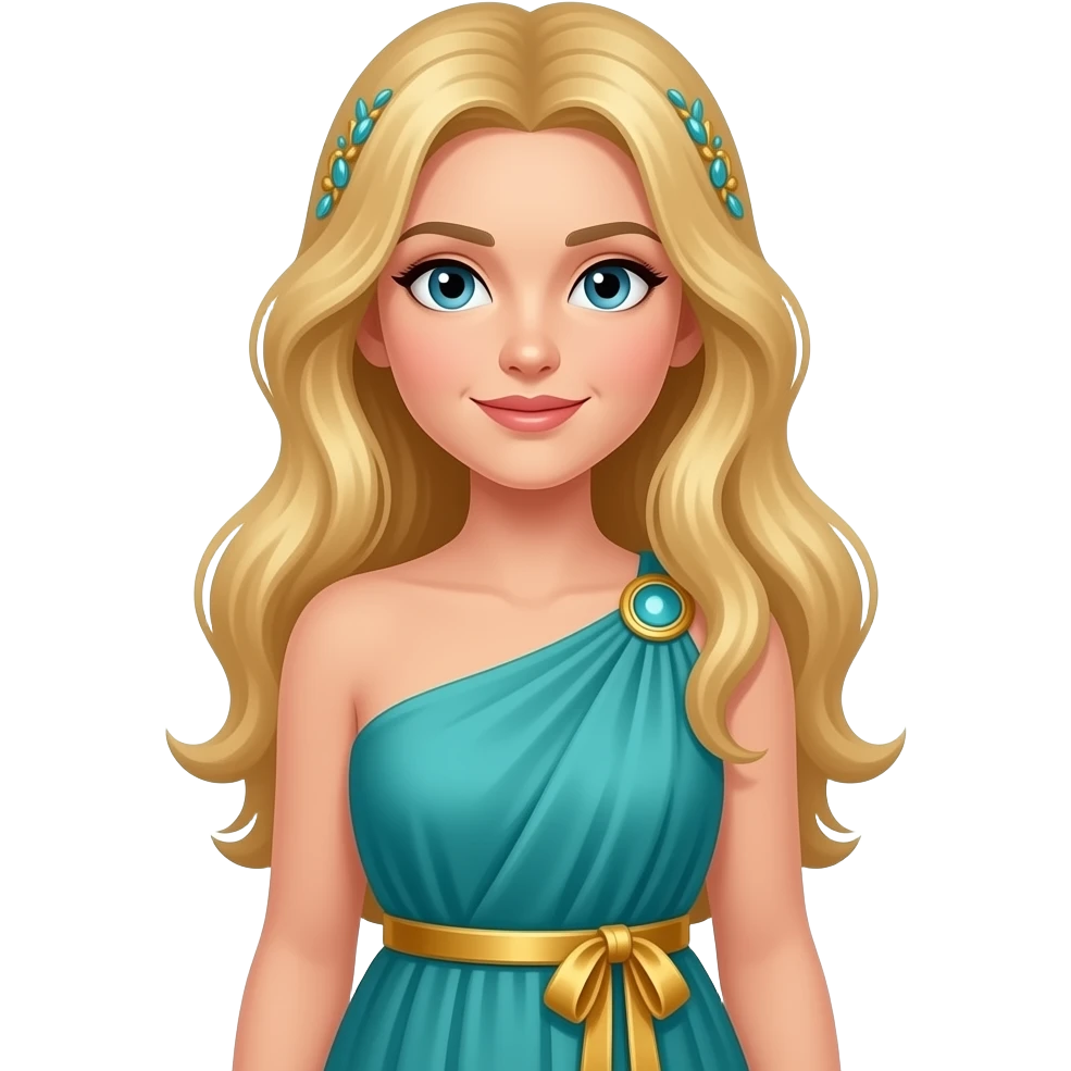 Greek godess with blonde hair, ocean teal dress and golden obi belt emoji